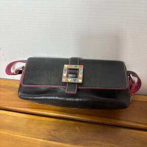 Dooney &BourkeVintage Black Leather Flap Bag - Rainbow Heart Buckle & Pink Trim